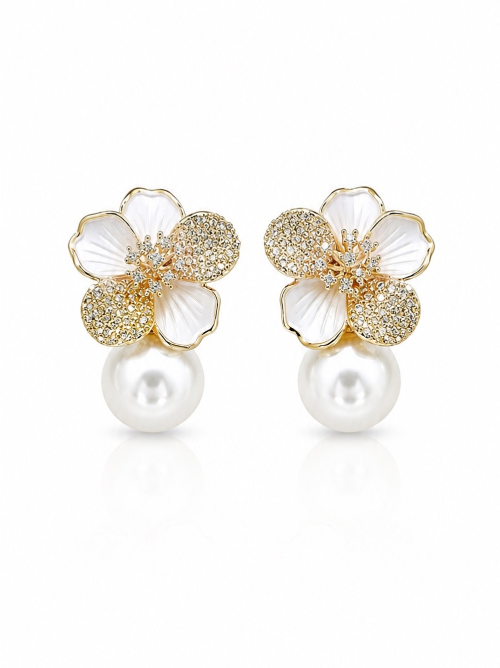 Gold & White Pearl Flower Stud  Earrings